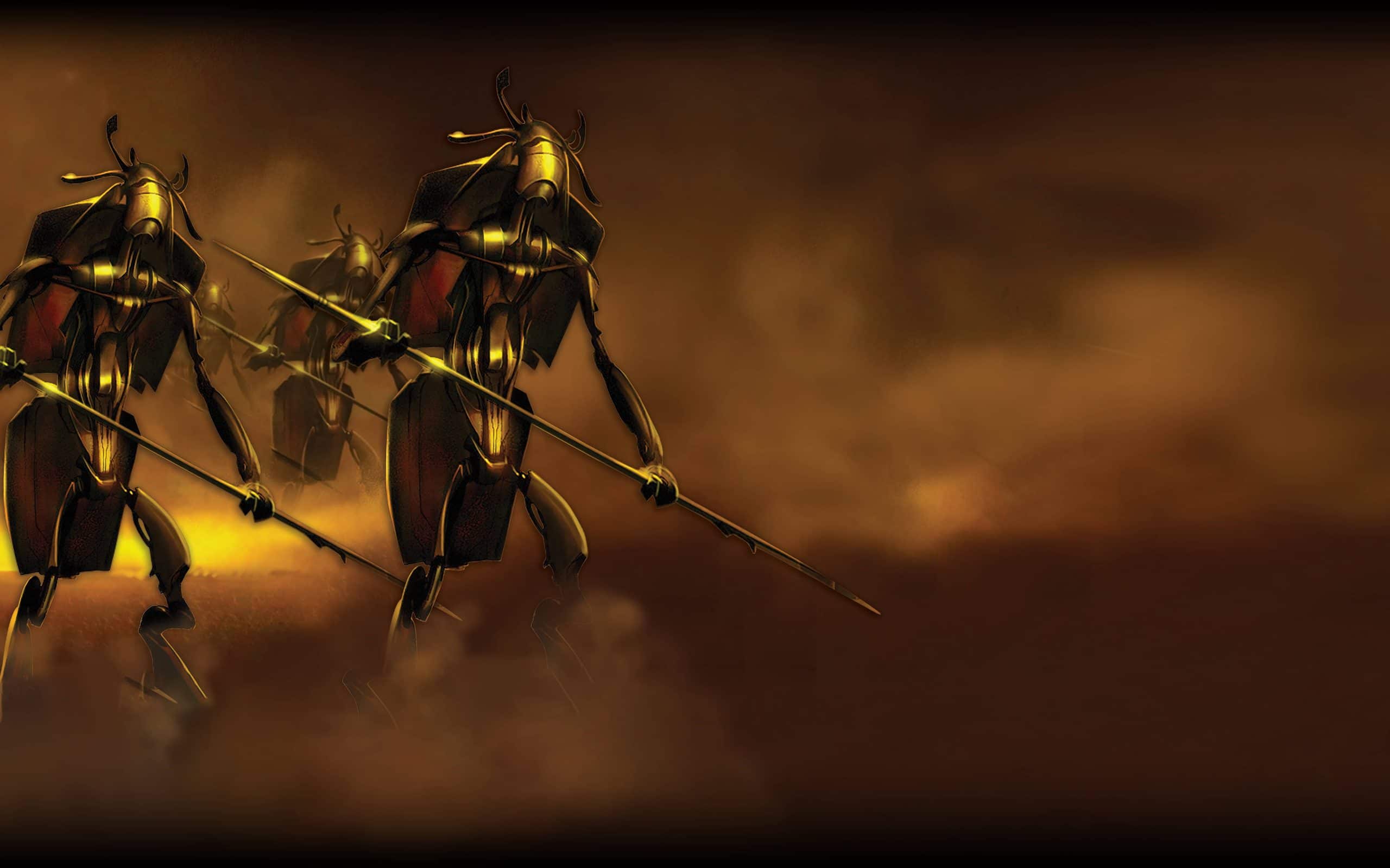 A line of card-soldier warriors advancing out of gold
                smoke, armoured in dark plate with insect-like heads and
                long spears carried low.