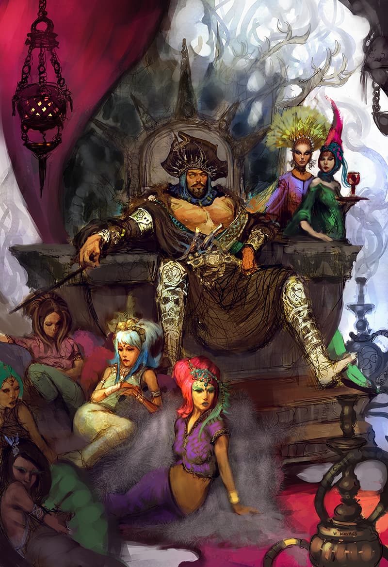 A painting of Prince Arch, the future king of Borderland, sitting on a throne inside Heart Palace, with many women sitting around him. 