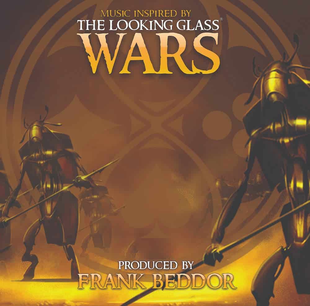The soundtrack cover: card-soldier warriors in gold armour, titled Music Inspired by The Looking Glass Wars, produced by Frank Beddor.