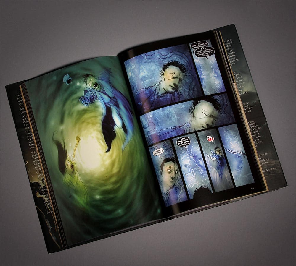 An interior spread of illustrated panels.