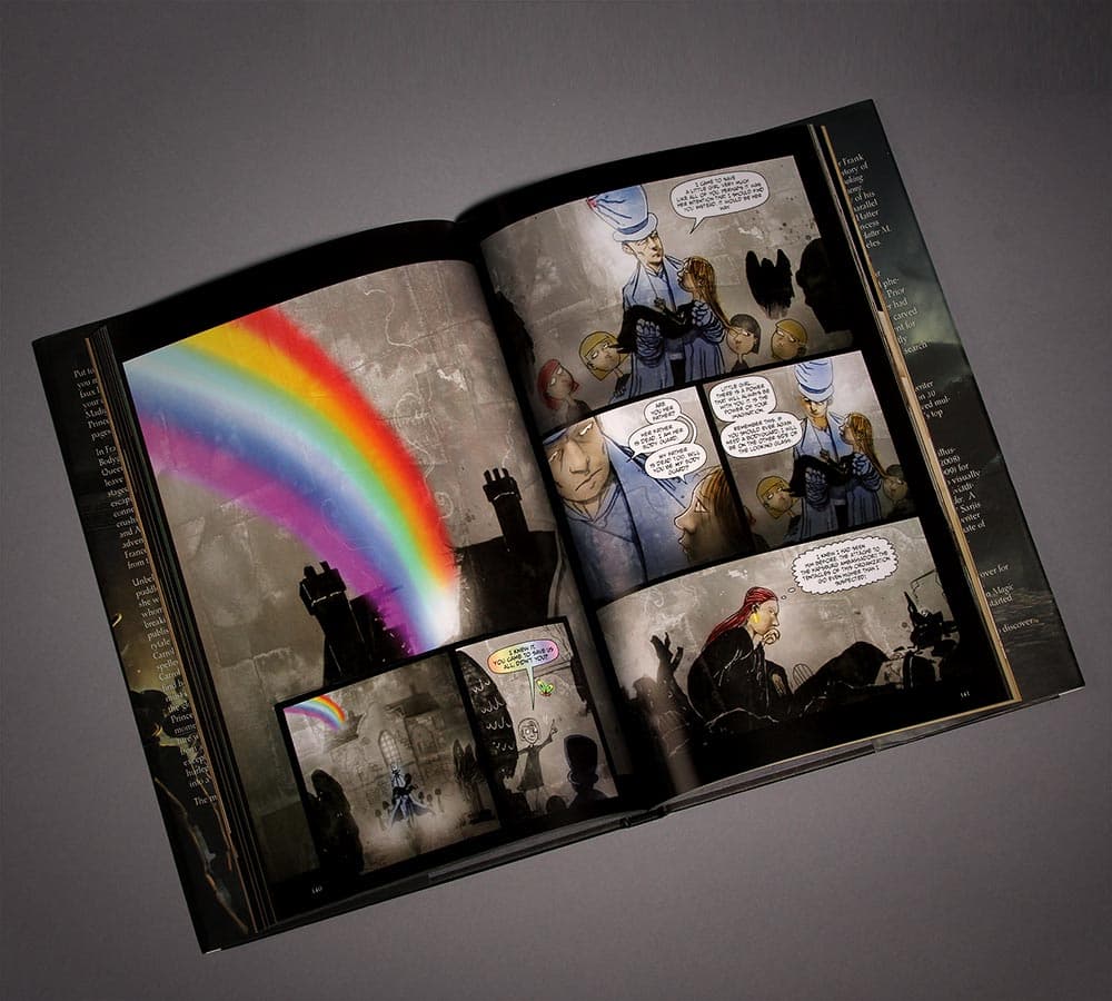 An interior spread of illustrated panels.