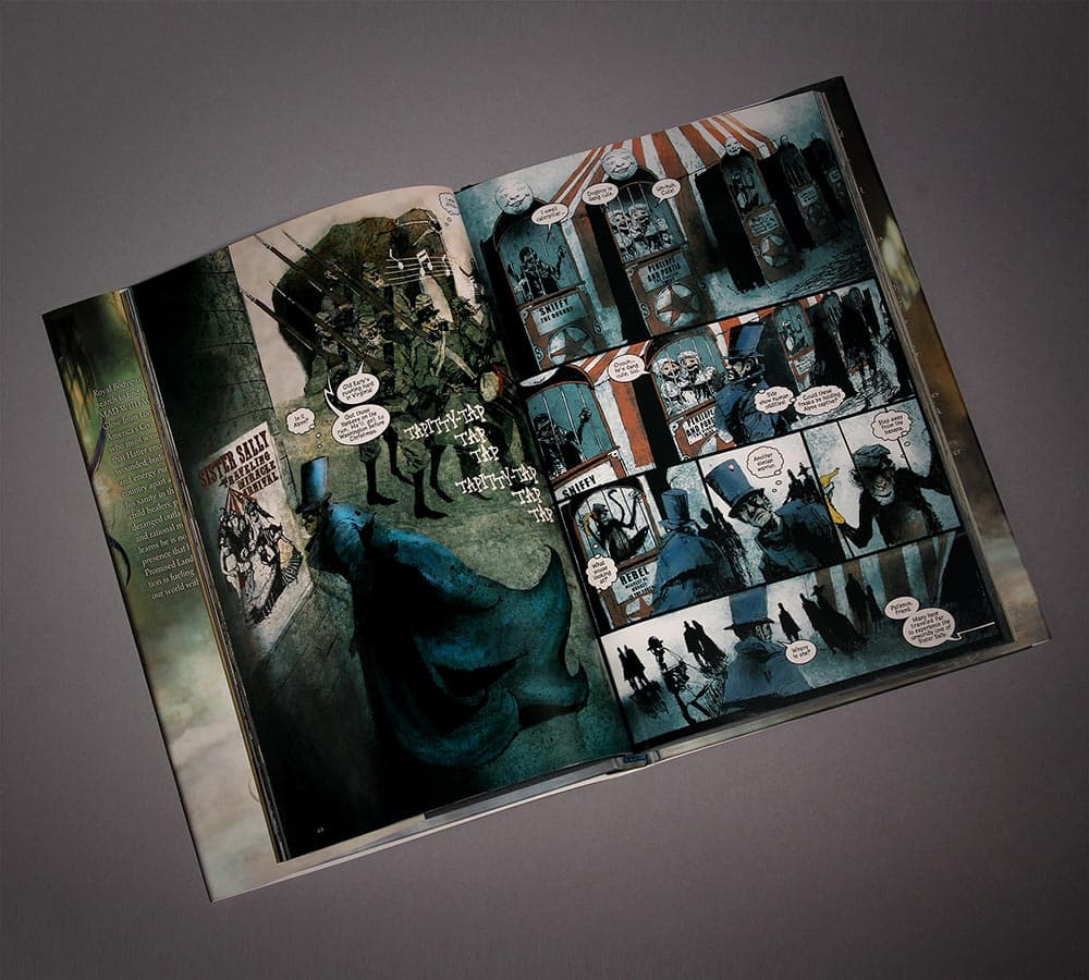 An interior spread of illustrated panels.