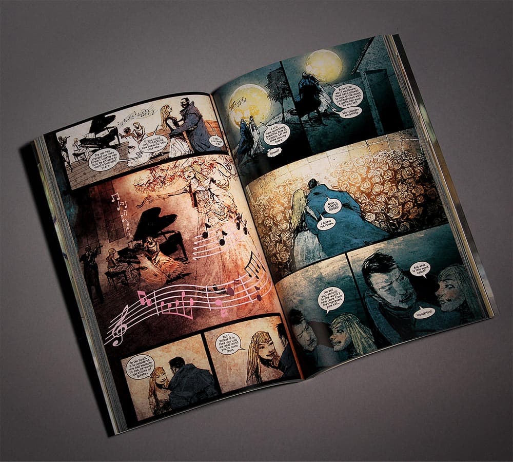 An interior spread of illustrated panels.