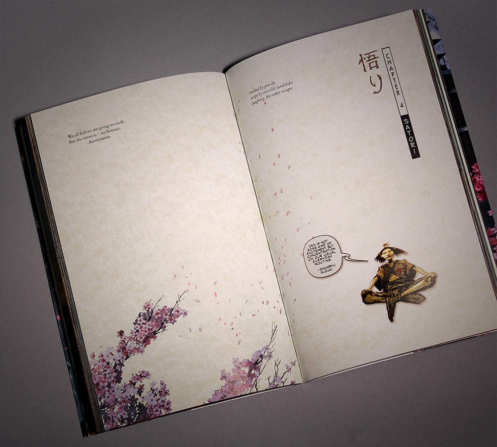 An interior spread of illustrated panels.