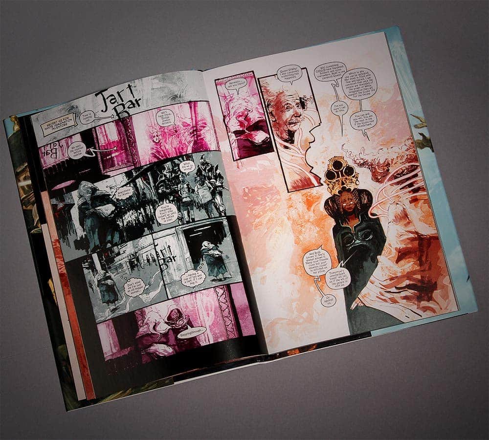 An interior spread of illustrated panels.