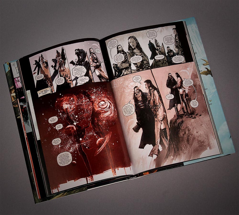 An interior spread of illustrated panels.