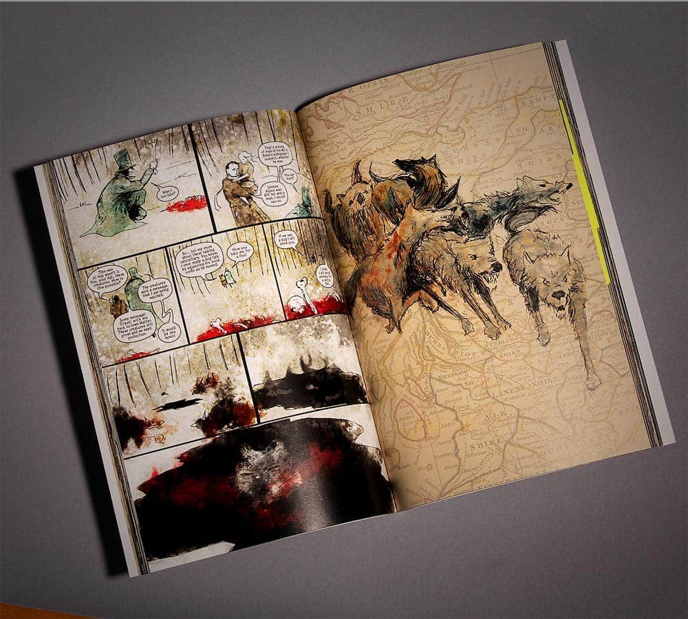 An interior spread of illustrated panels.