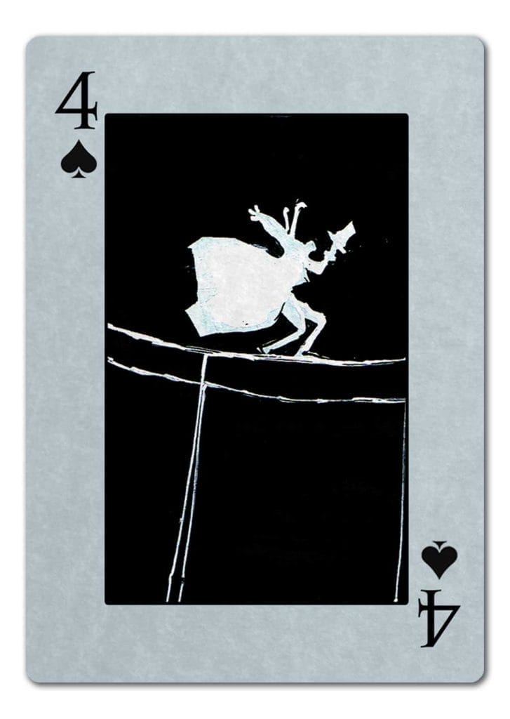 The four of spades, showing an inked Templesmith panel of Hatter on a tightrope.