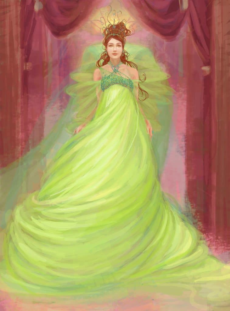 A painting of Genevieve, from Frank Beddor's "The Looking Glass Wars, wearing a green wedding dress, standing in a pink and reddish hallway. 
      