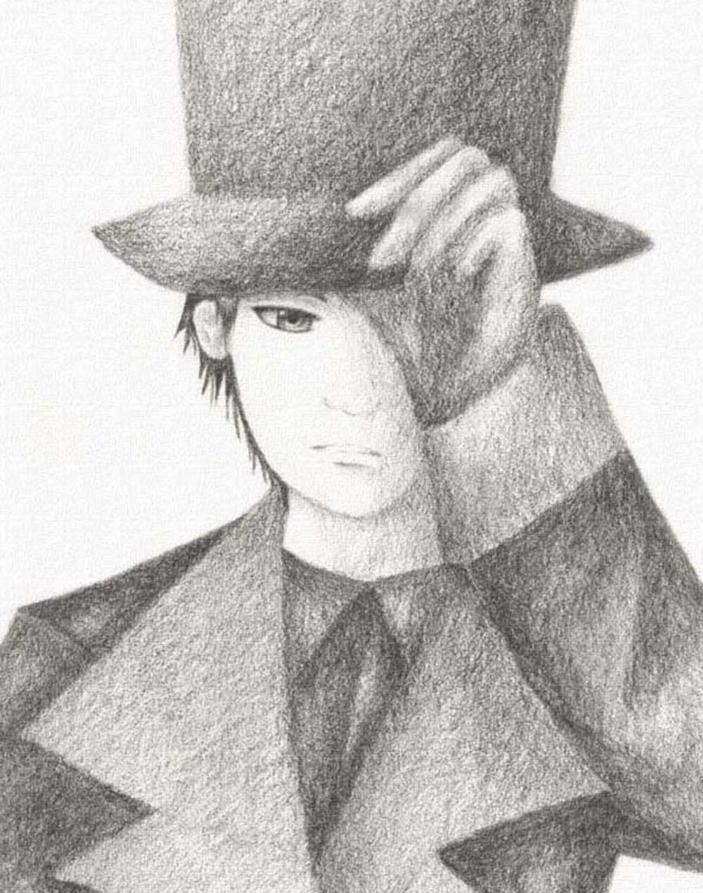 A soft pencil drawing by the artist linkluibymon of a young man
               tipping a tall top hat down over one eye.