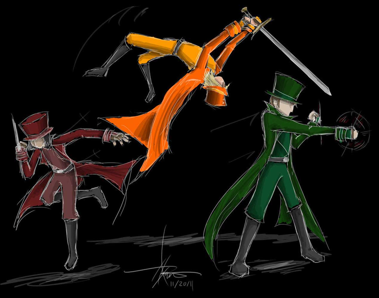 A digital sketch by the artist fangrah of three milliners in
               action against black, in red, orange and green,
               one somersaulting overhead with a sword.