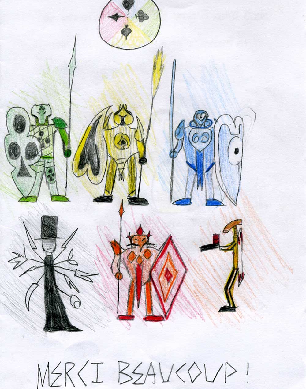 A child&rsquo;s coloured-pencil drawing of Wonderland&rsquo;s
               card soldiers, Hatter Madigan and other figures
               under a four-suit sun, signed off Merci beaucoup!
