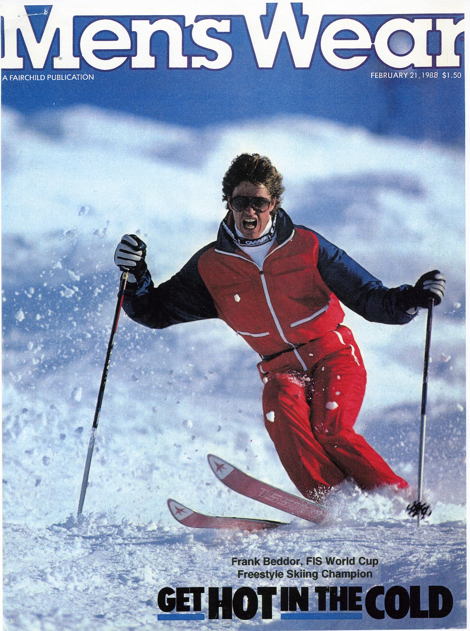 The cover of Men’s Wear, February 1983: Frank Beddor skiing in a red suit, captioned Frank Beddor, FIS World Cup Freestyle Skiing Champion.