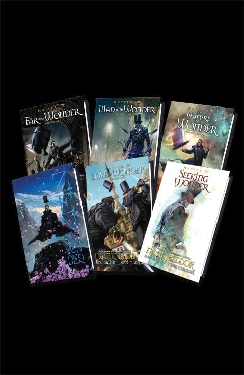 The six Hatter M paperbacks fanned out against a black background.