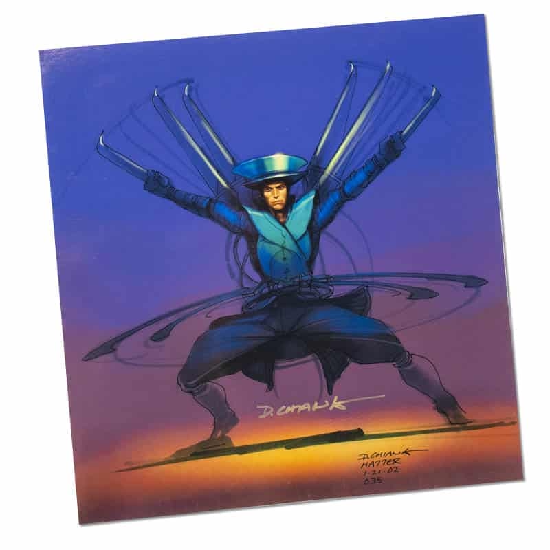 Hatter Madigan deploying the blades concealed in his hat.