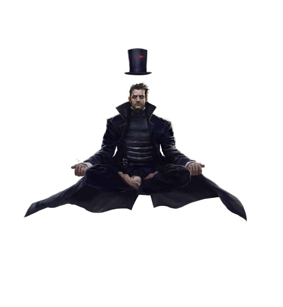 Hatter Madigan meditates in lotus position, with his hat floating above him.