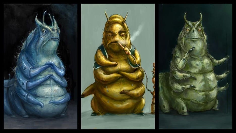 The Caterpillar from Lewis Carroll's Alice in Wonderland and Frank Beddor's The Looking Glass Wars. 3 images of caterpillars in blue, yellow and green. 