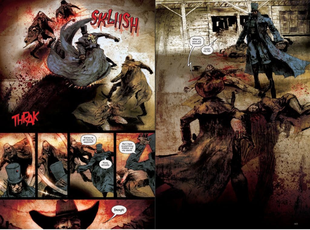 Pages from Hatter M: The Nature of Wonder Volume 3, by Frank Beddor, Liz Cavalier &amp; Sami Makkonen. Hatter wearing his long blue coat fights cowboy bad guys -- in a standoff.