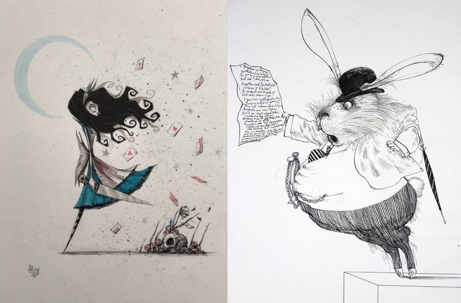 A drawing of Alice, from Wonderland with long, flowing hair and a skull. Playing cards are flying around her and a crescent moon is framing her head. By talented visual artist, Ricky Romero. 
      A rabbit wearing a hat and a suit, holding a paper, standing on a soap box, presumably reading to a crowd that you cannot see. Inspired by the March Hare, from Lewis Carroll's book: Alice's Adventures in Wonderland. By artist, Ralph Steadman. 