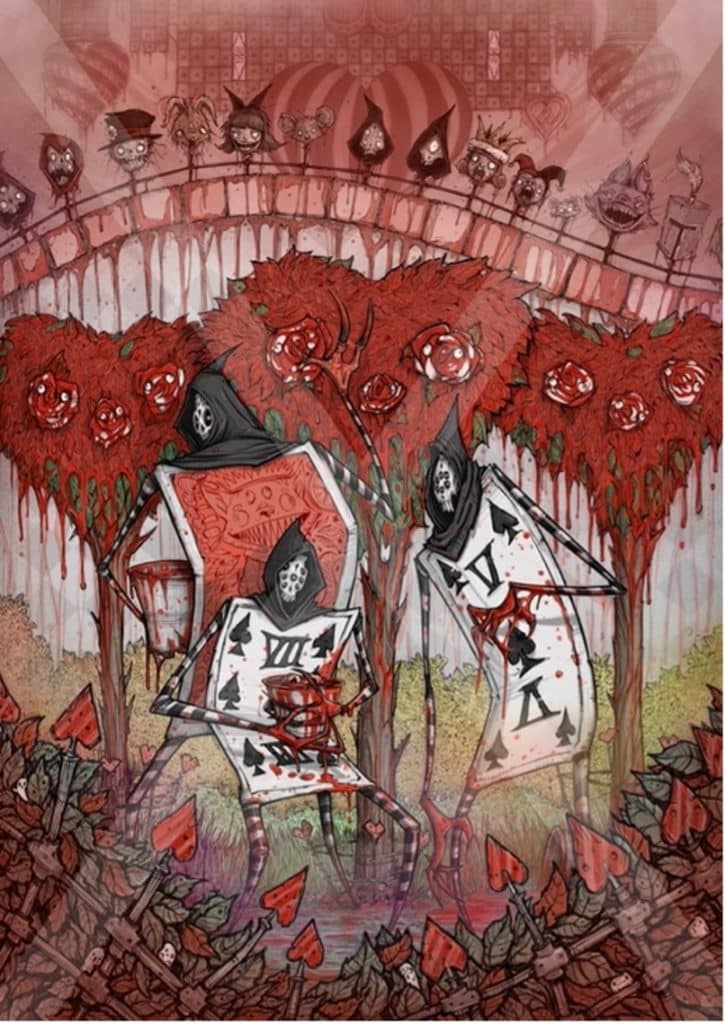 A group of playing cards spades, who are covered in blood and surrounded in a heart shape, by Queen Redd's soldiers. By artist, Ricky Romero. 
      