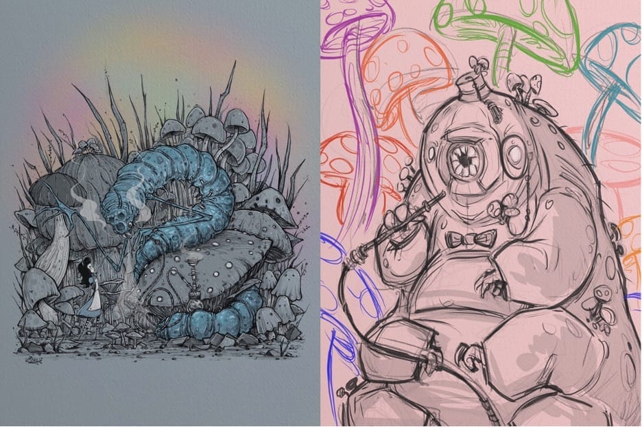 A drawing of a personified caterpillar, sitting on a throne of mushrooms and smoking from a hookah. By artist, Ricky Romero and inspired by Lewis Carroll's Alice in Wonderland. 
      A drawing of a cartoon caterpillar with mushrooms in the background. From the character: The Caterpillar, as seen in Lewis Carroll's Alice's Adventures in Wonderland. Drawn by artist, Ricky Romero. 