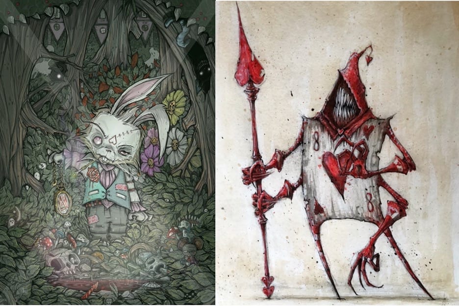 A cartoon art print by artist, Ricky Romero. This is a colored pencil drawing of the white rabbit in a forest. Inspired by Lewis Carroll's Alice's Adventures in Wonderland book and body of literature he inspired. 
      Artist rendering of a playing card suit holding a spear. Made by artist, Ricky Romero. This is the 8 of hearts and is one of Queen Redd's army from The Looking Glass Wars, by Frank Beddor. 
      