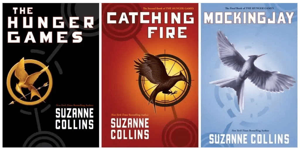 Book Cover for "Hunger Games" by Suzanne Collins. Image features the title and author on a black background with a golden sparrow holding a shield and arrow in an attack formation. 