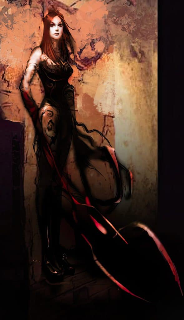 A painting of Queen Redd, from The Looking Glass Wars, by Frank Beddor. She is wearing a dress with flowing and sharp looking red ribbons. 
      
