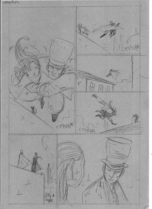 Pencil sketch page from the graphic novel "Hatter M: Far From Wonder" written by Frank Beddor and Liz Cavalier and illustrated by Ben Templesmith. 