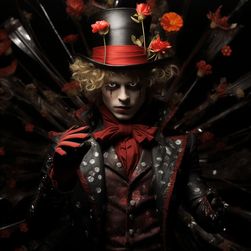 The Mad Hatter from "Alice in Wonderland" as a District 1 socialite from "The Hunger Games".