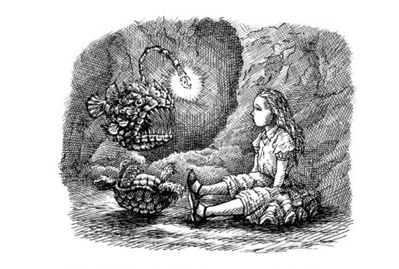 Illustration by artist Robert Louis Black of Alice confronting an Angler fish with a turtle lying on its back on the ground, from “Alice’s Adventures under Water” by Lenny de Rooy.