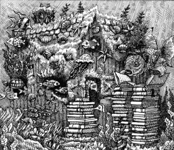 Illustration by artist Robert Louis Black of a sea-themed house surrounded by various fish and stacks of books, from “Alice’s Adventures under Water” by Lenny de Rooy.