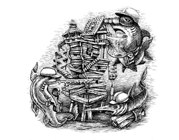 Illustration by artist Robert Louis Black of various fish in hardhats building a structure, from “Alice’s Adventures under Water” by Lenny de Rooy.