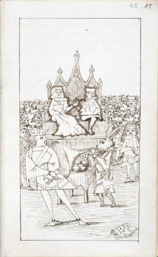 Illustration of the King and Queen of Hearts being attended to at a feast by Lewis Carroll for his book “Alice’s Adventures Underground”.