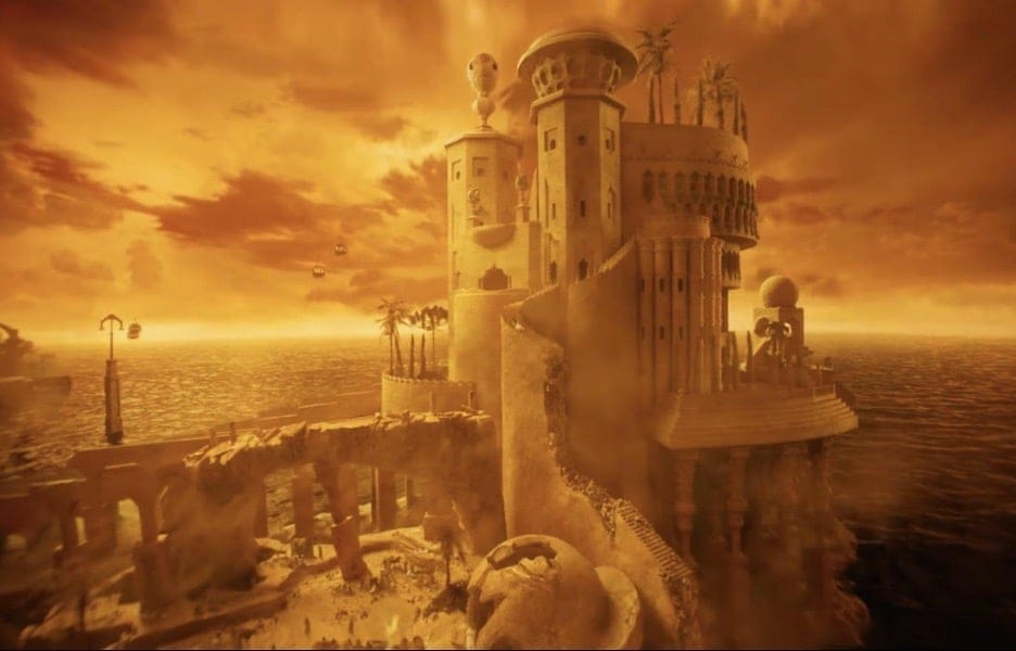 Still image of sandstone tower in Alexandria from Yorgos Lanthimos' "Poor Things". 