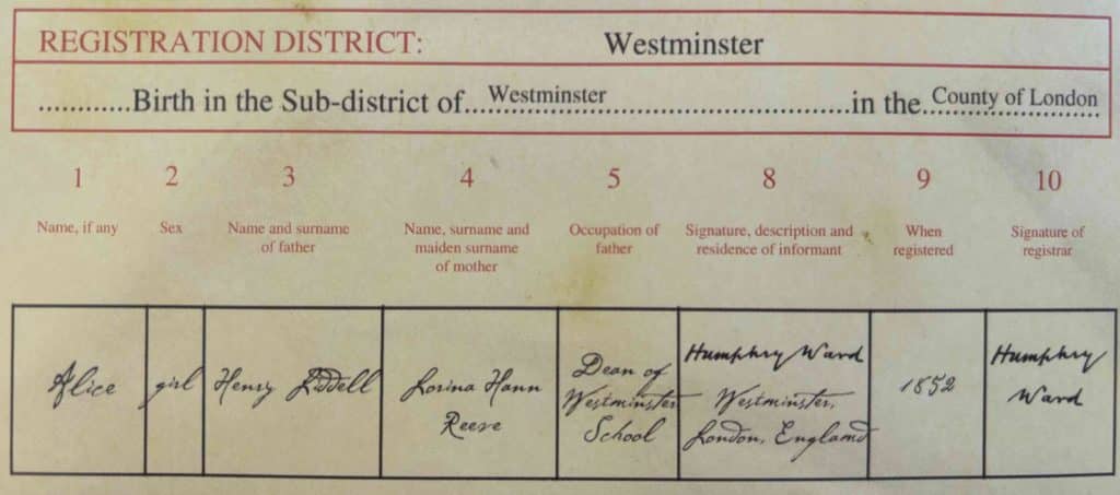A replica of a Victorian era birth certificate containing details about the birth and parentage of 'Alice Liddell'. 