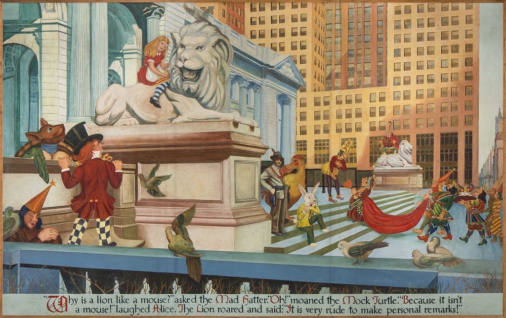 Mural by Abram Champanier featuring the Mad Hatter and other "Alice in Wonderland" characters outside the New York Public Library. From the Museum of the City of New York exhibition "Another Wonderland".