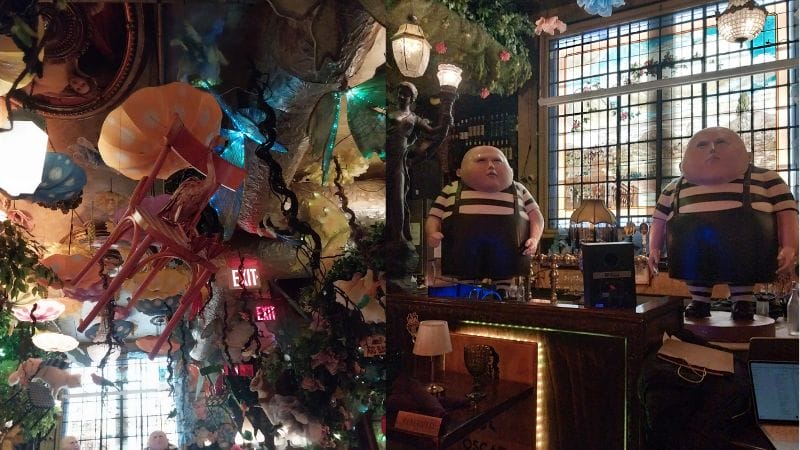 Images from the "Alice in Wonderland" instillation at the Oscar Wilde restaurant in New York City, featuring flamingos and Tweedledum and Tweedledee.