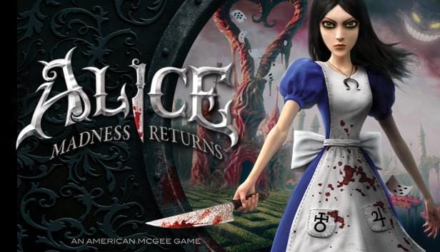 Cover image of the 2011 video game "Alice: Madness Returns" by American McGee, featuring Alice in a blue dress and a white, blood spattered apron, holding a bloodied butcher's knife.
