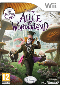 Cover image of the 2010 Nintendo Wii game "Alice in Wonderland" featuring Johnny Depp as the Mad Hatter from Tim Burton's 2010 film.