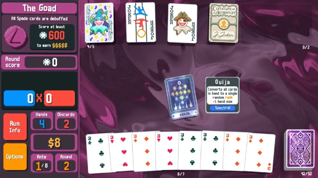 Gameplay image from the 2024 deck-building roguelike game "Balatro".