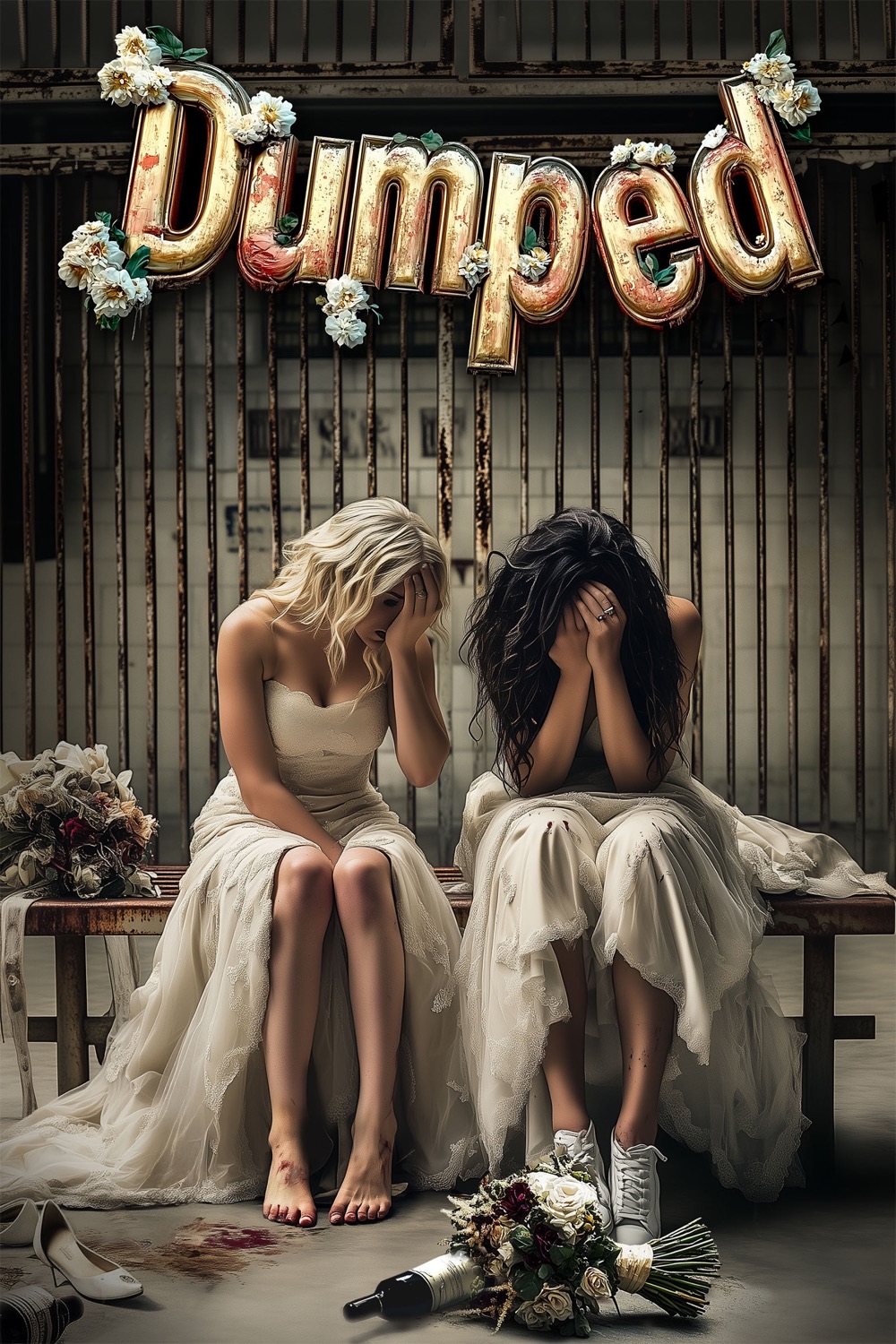 The poster. Two brides sit apart at either end of a rusted
                    bench in a derelict tiled hall, each with her face in her
                    hands &mdash; one blonde and barefoot, one dark-haired in
                    white sneakers, both in torn ivory gowns. Their bouquets lie
                    dropped on the floor beside a fallen bottle and a single
                    abandoned shoe. Above them the title is spelled out in gold
                    balloon letters, dented and hung with white flowers.