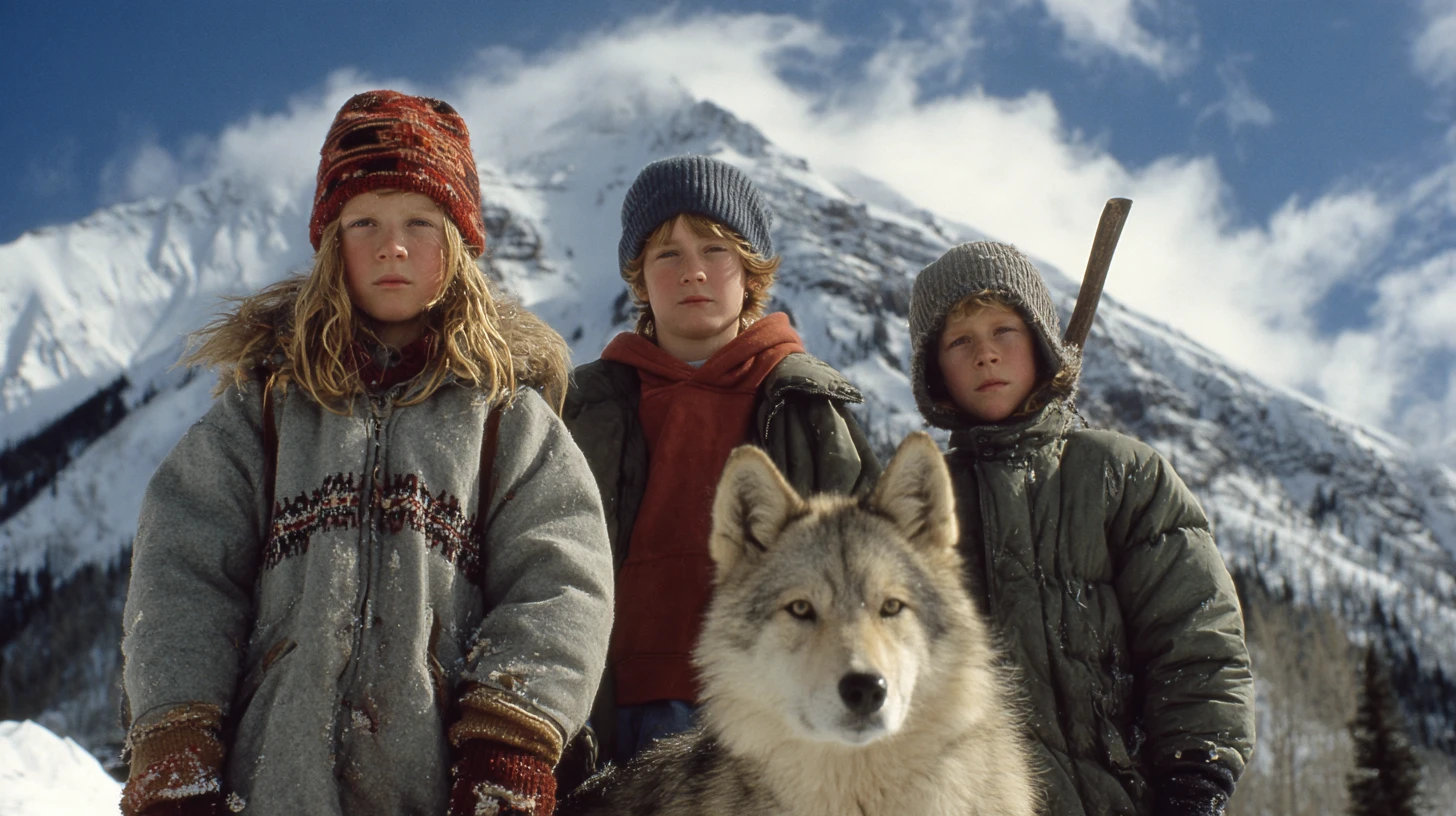 Three children in winter coats and knitted hats standing
                      on a snowy slope, a grey wolf-like dog in front of them
                      and a snow-covered peak rising behind. One of them
                      carries a long wooden handle over his shoulder.