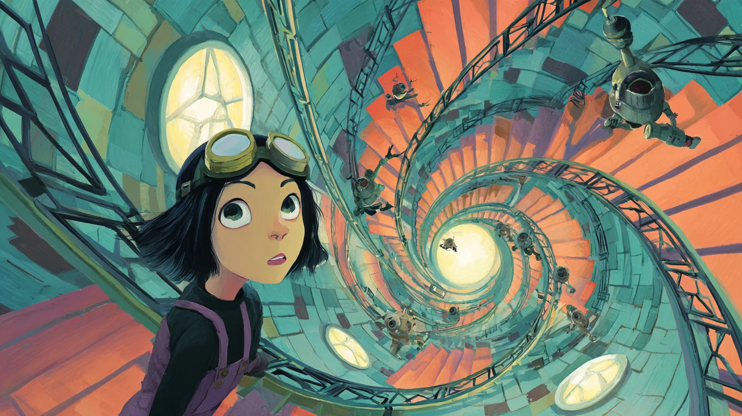 A painted illustration of a girl with a black bob and
                      goggles pushed up on her forehead, looking up with wide
                      eyes. Behind her a tiled stairwell spirals away into the
                      distance in teal and orange, small robots climbing down
                      its steps towards a glowing light at the centre.