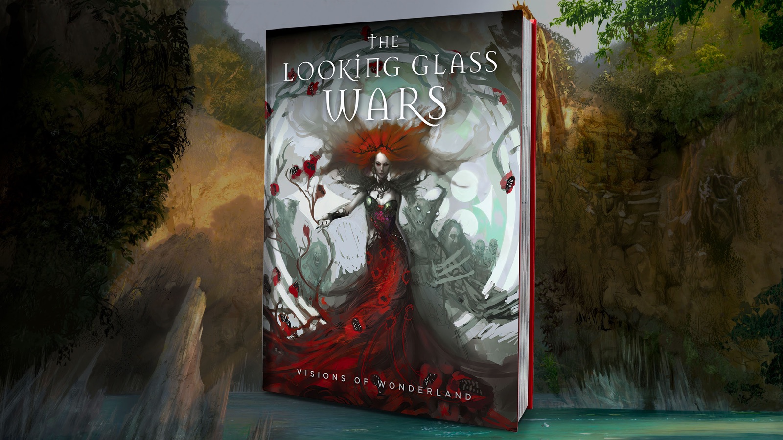 The art book standing upright in a painted Wonderland
                      gorge, waterfalls and dark foliage behind it. The jacket
                      reads The Looking Glass Wars, Visions of Wonderland, over
                      a painting of Redd Heart in a trailing red gown, her hair
                      blazing orange, ringed by thorned red roses and the grey
                      shapes of her creatures.