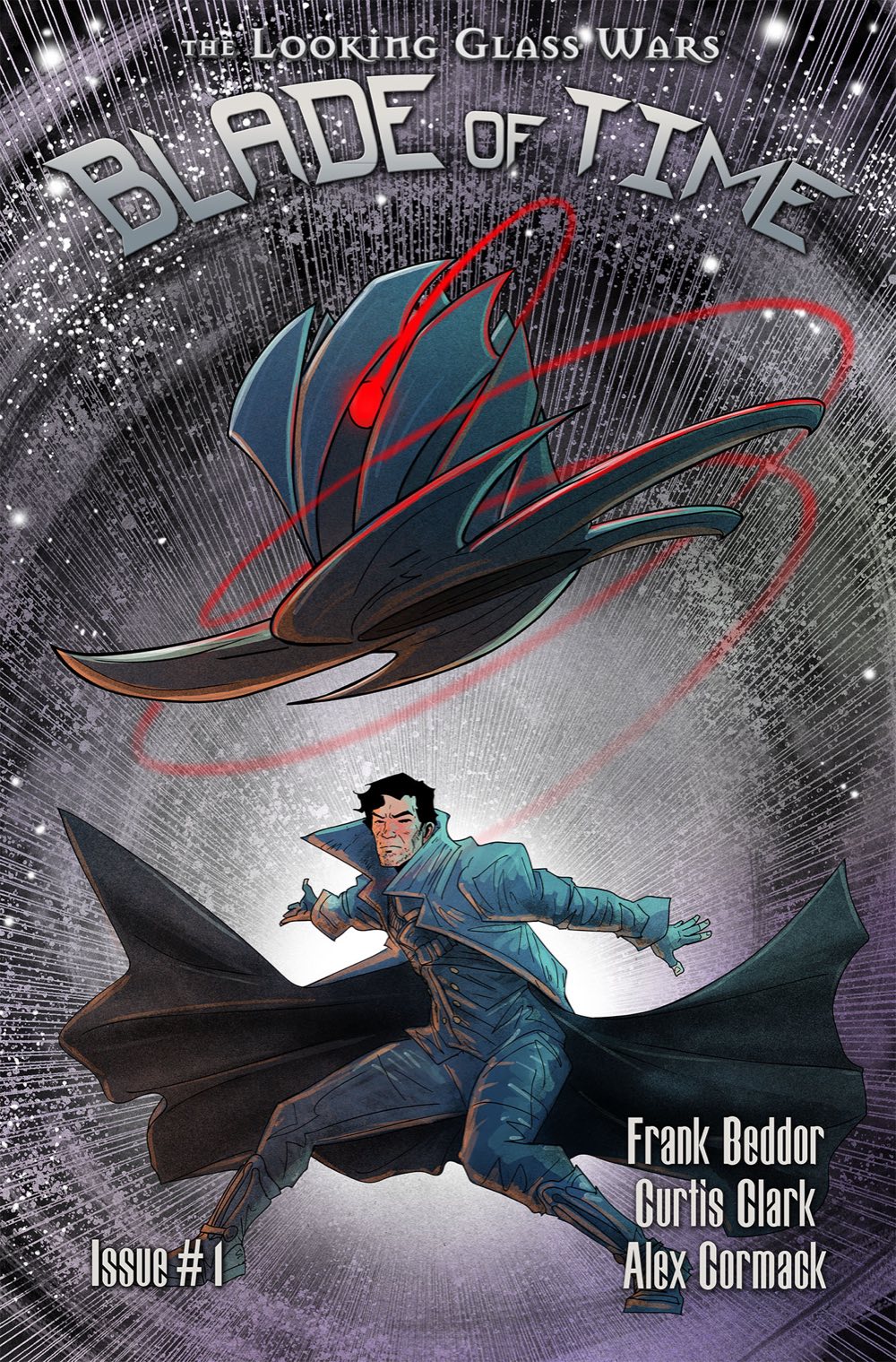 Cover of The Looking Glass Wars: Blade of Time, issue
                        one. A man in a long blue coat and dark cape braced
                        with his arms flung wide, beneath a bladed hat spinning
                        through a silver starfield and trailing a ribbon of red
                        light. Frank Beddor, Curtis Clark and Alex Cormack are
                        credited down the lower right.