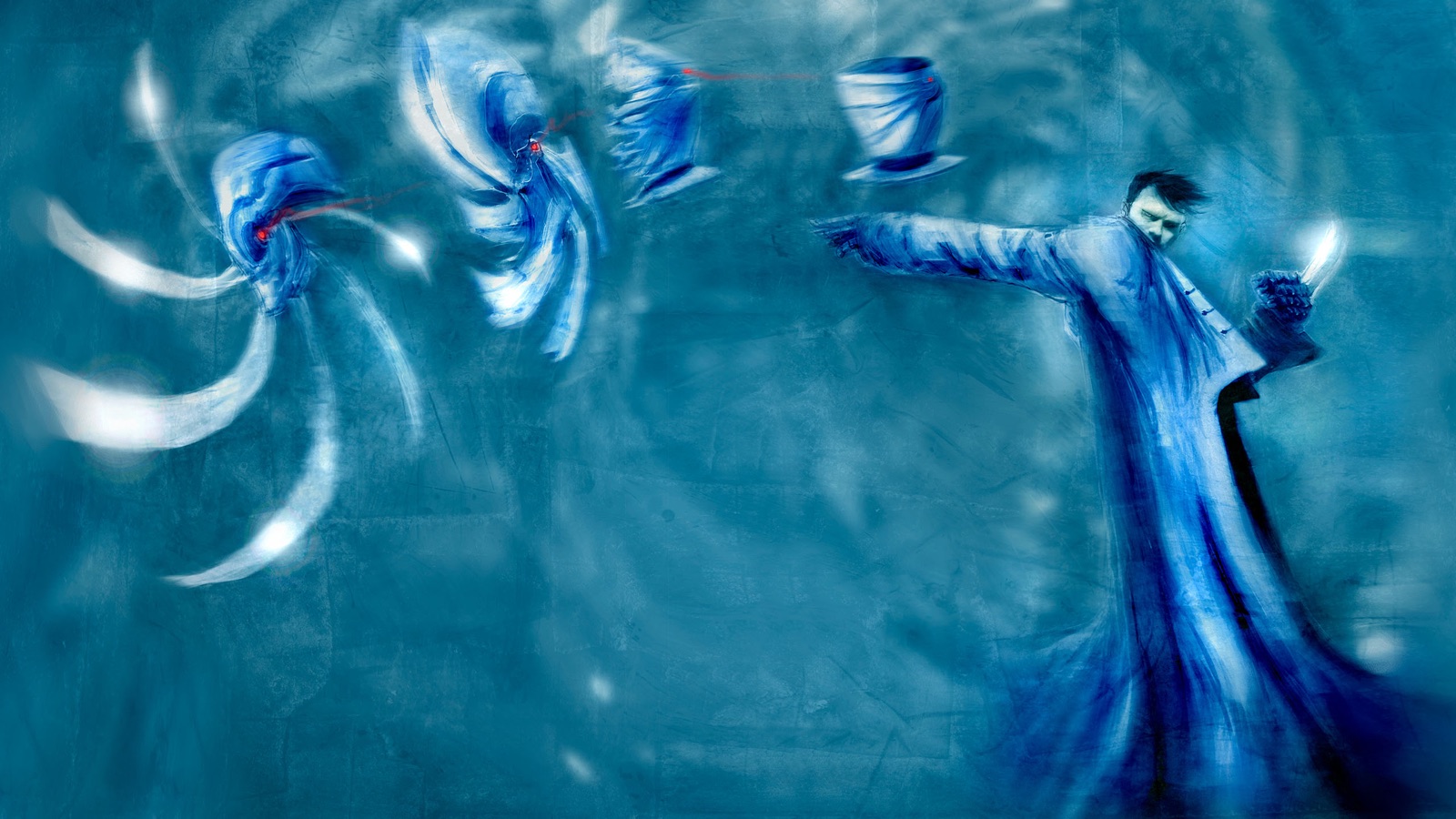 Hatter Madigan in a long coat, hard right of frame, one
                      arm flung out after his hat. The hat travels left across
                      the picture in four stages, unfolding as it goes into a
                      fan of spinning blades. Painted entirely in blues.