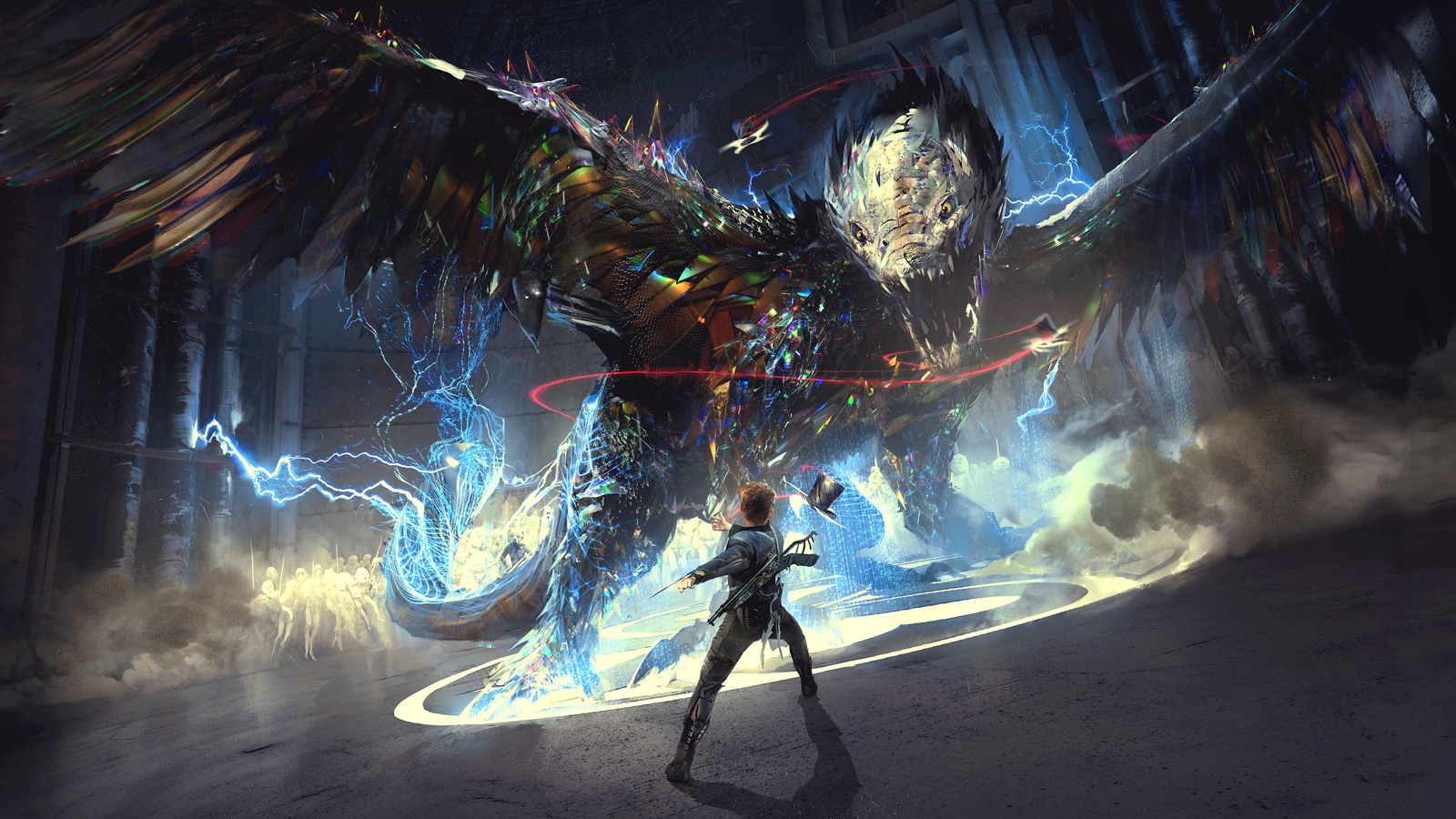 A teenage cadet stands alone inside a glowing ring on an
                      arena floor, hat in mid-throw beside him, facing an
                      enormous winged creature that rears over him. The
                      creature is a projection: down one side it breaks apart
                      into blue wireframe and pixels. Pale figures watch from
                      the smoke behind.