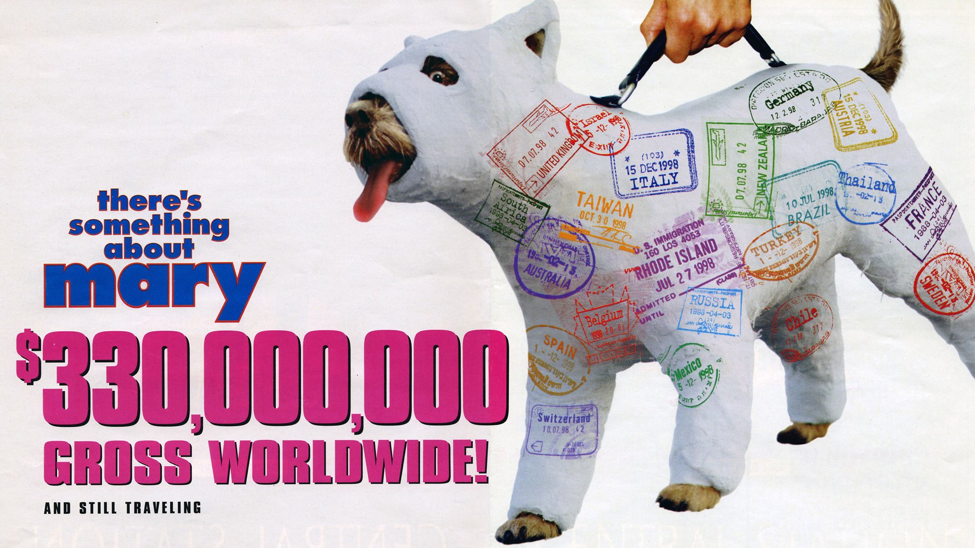 A 1998 trade advertisement for There's Something About Mary.
                Puffy the dog, in a full plaster body cast covered in passport
                stamps from twenty countries, is carried by the handle of his
                cast. Beside him: &ldquo;$330,000,000 gross worldwide! And still
                traveling.&rdquo;