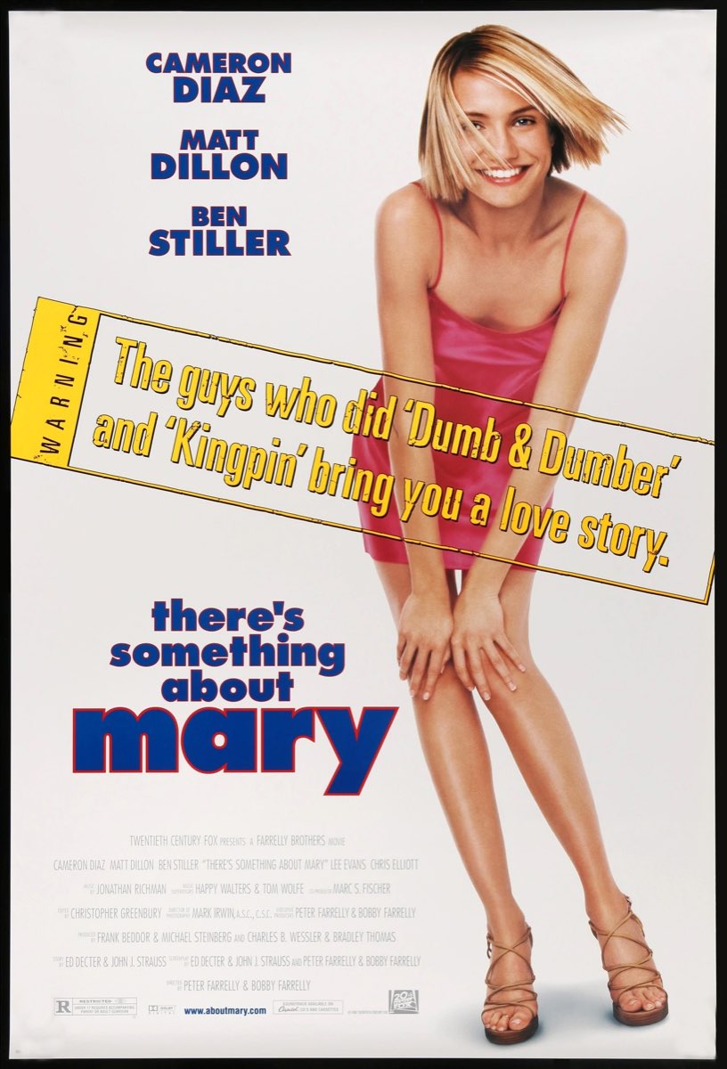 The theatrical one-sheet. Cameron Diaz in a pink slip dress,
                    leaning forward with her hands on her knees, beside the
                    title and a yellow warning strip reading &ldquo;The guys who
                    did &lsquo;Dumb & Dumber&rsquo; and &lsquo;Kingpin&rsquo;
                    bring you a love story.&rdquo;